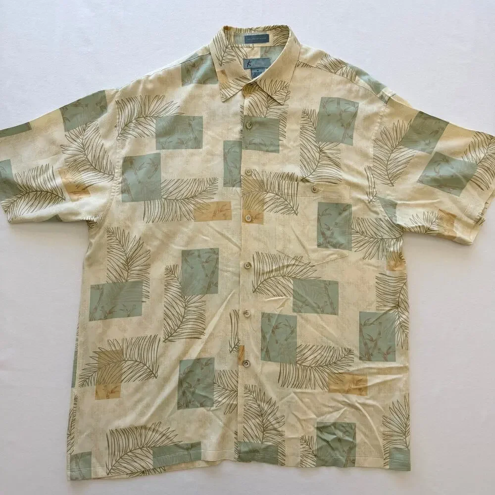 Kaylua Bay Resort Shirt Mens M Rayon Hawaiian Palm Leaf Bamboo Camp Tropical